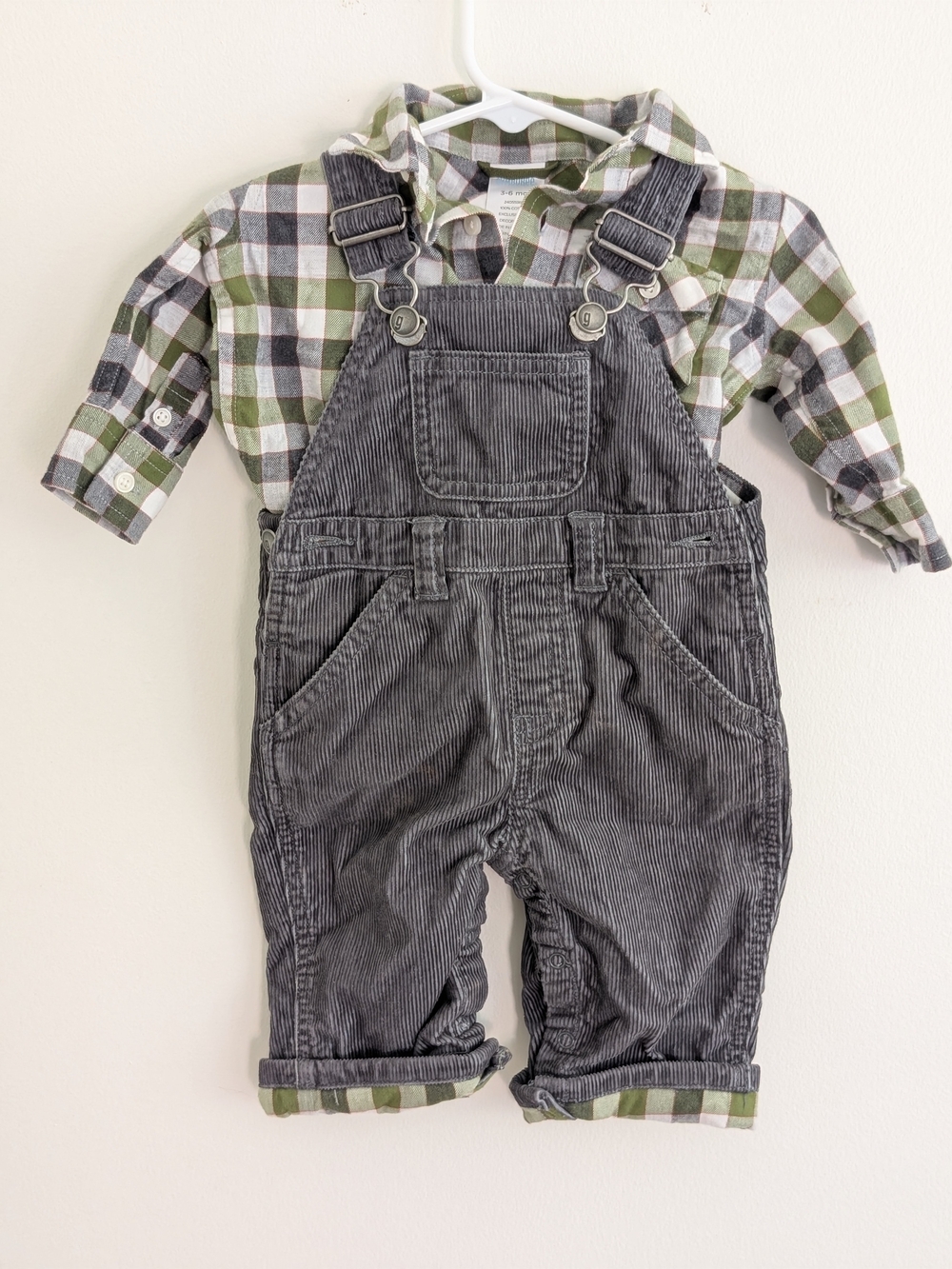 Vintage Gymboree Gray Corduroy Overalls with Green Plaid Shirt